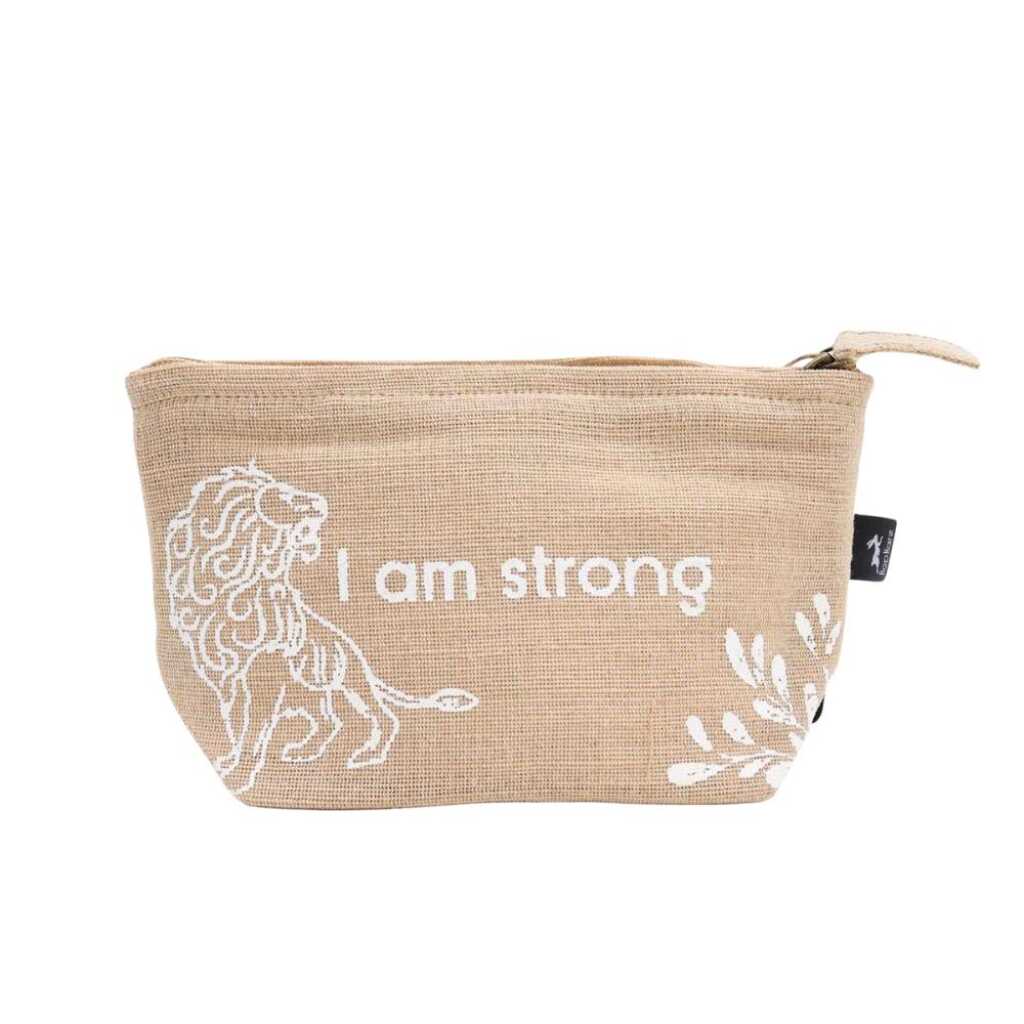 A jute pouch with the words "I am Strong" written on the side.