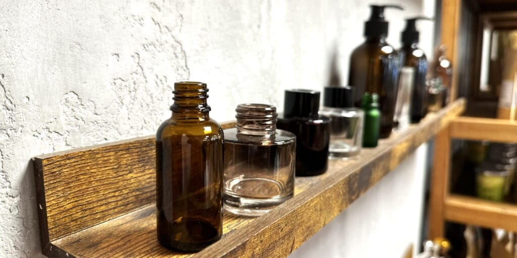 aromatherapy bottles and diffuser bottles on shelf