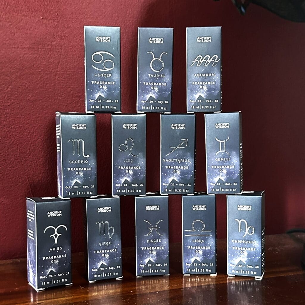 a full set of zodiac sign fragrance oils, stacked