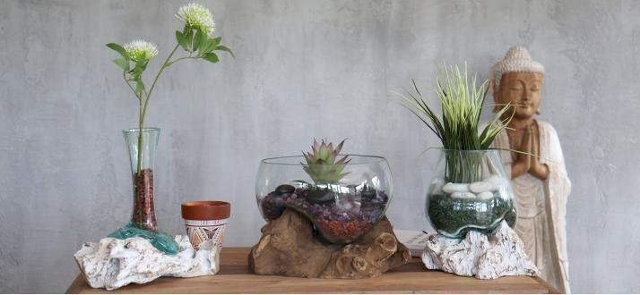 three plant arrangements using molten glass on wood vases and containers