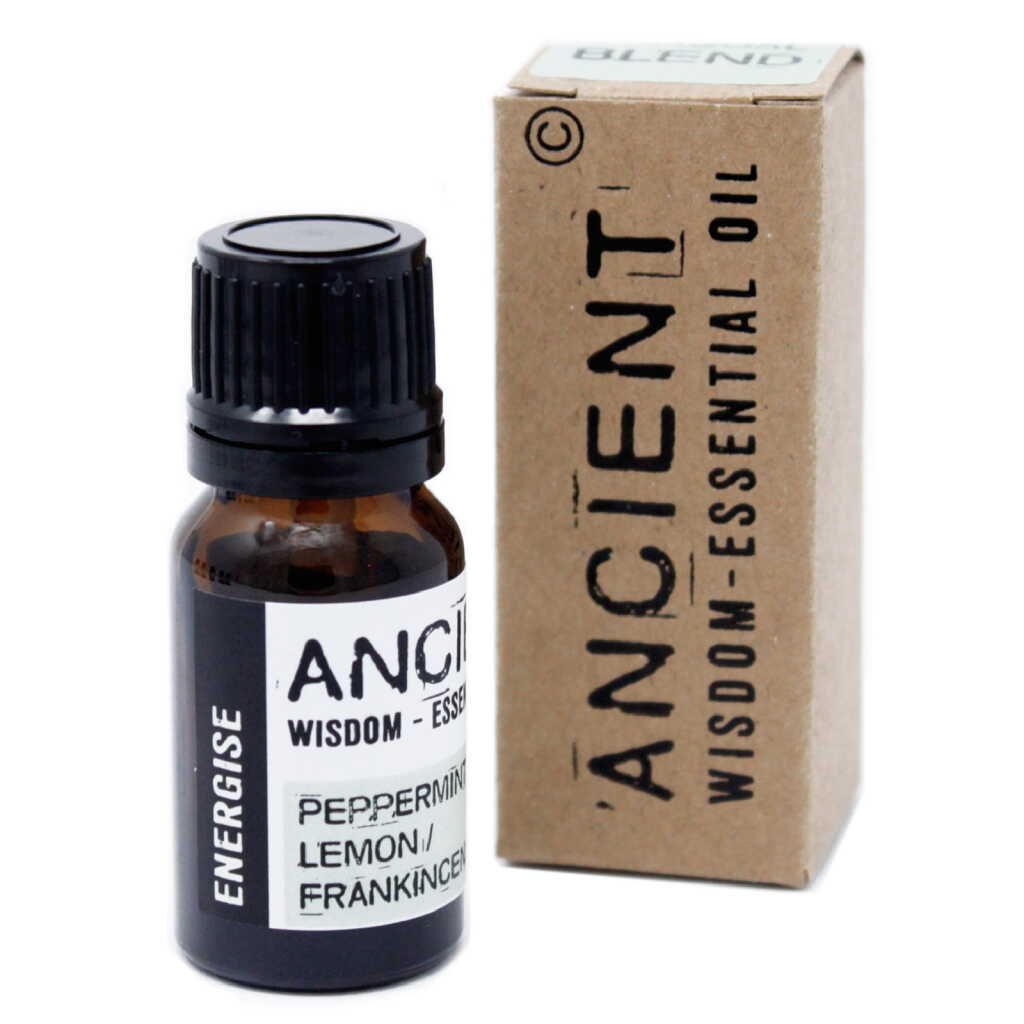 an Aromatherapy Essential oil blend of Peppermint, Frankincense and Lemon essential oil in a 10ml bottle with a carton