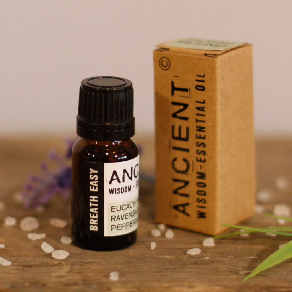 an Aromatherapy Essential oil blend of Eucalyptus, Ravensara and Peppermint essential oil in a 10ml bottle with a carton