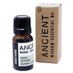 an Aromatherapy Essential oil blend of Roman Chamomile, Sage and Vetiver in a 10ml bottle with a carton