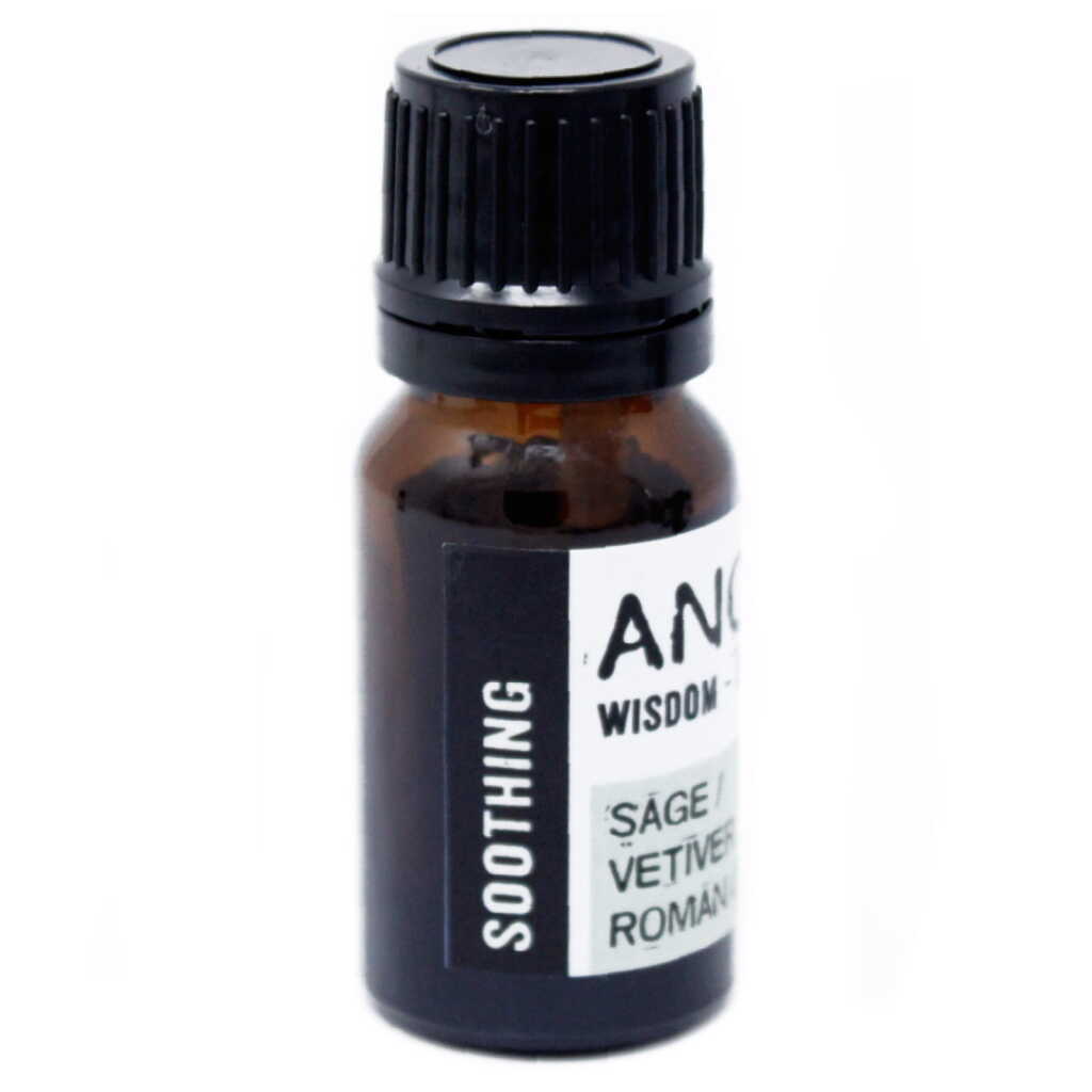 an Aromatherapy Essential oil blend of Roman Chamomile, Sage and Vetiver in a 10ml bottle