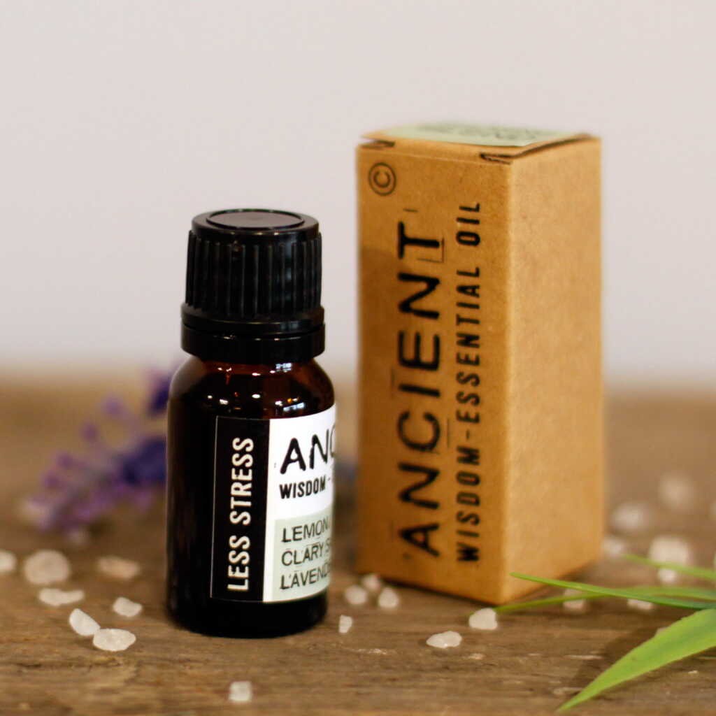 an Aromatherapy Essential oil blend of Clary Sage, Lemon and Lavender in a 10ml bottle with a carton