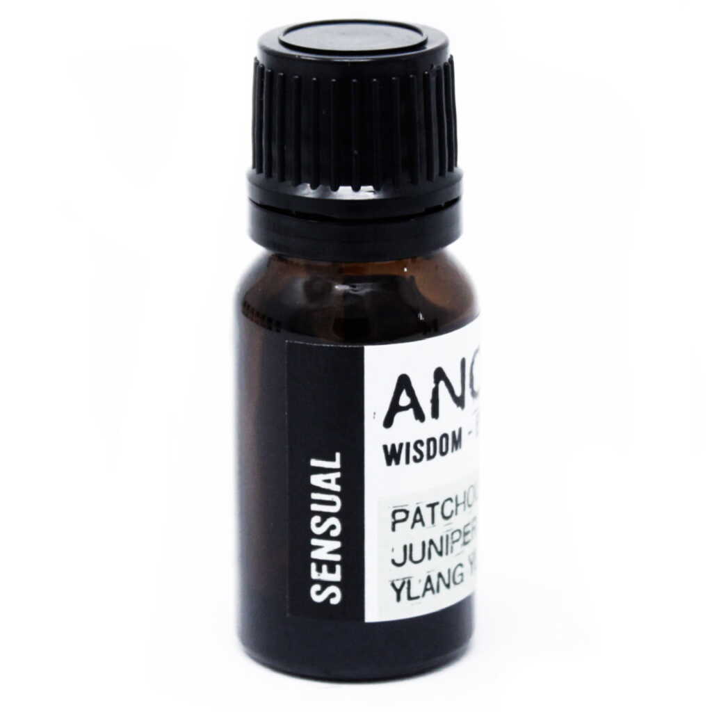 an Aromatherapy Essential oil blend of Patchouli, Juniper Berry and Ylang Ylang in a 10ml bottle