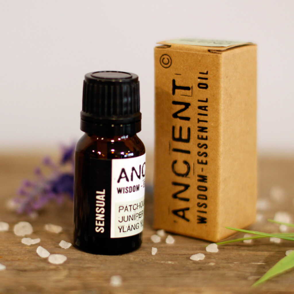 an Aromatherapy Essential oil blend of Patchouli, Juniper Berry and Ylang Ylang in a 10ml bottle with a carton