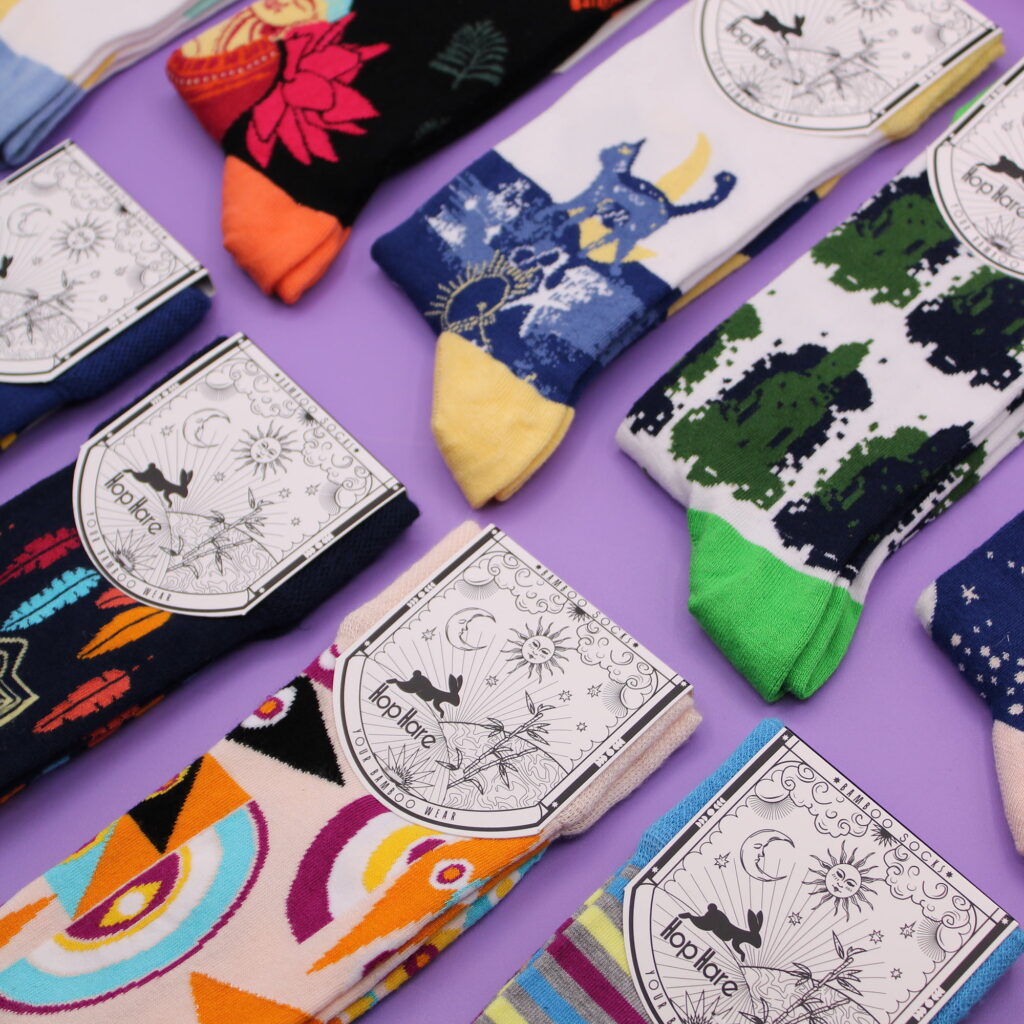 a selection of brightly coloured hop hare bamboo socks