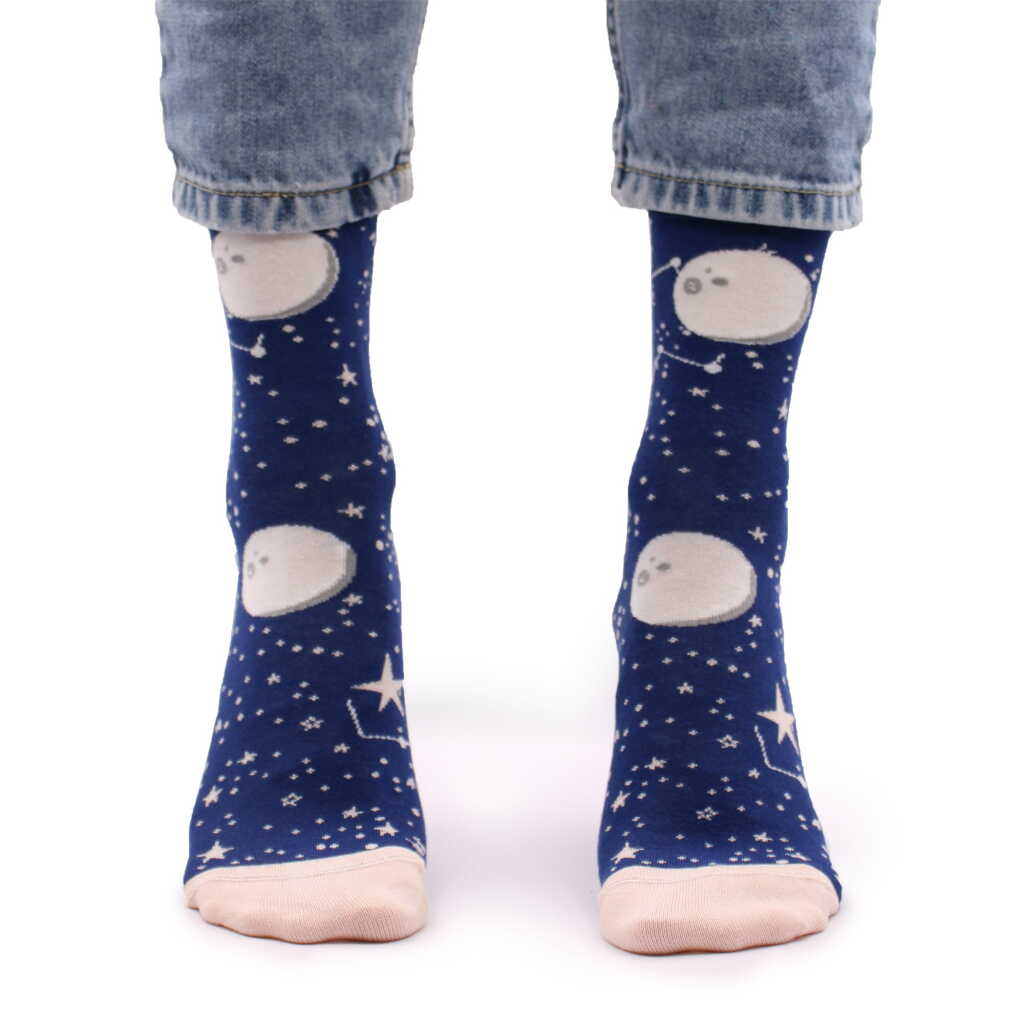 a pair of moon walk hop hare bamboo socks being worn.
