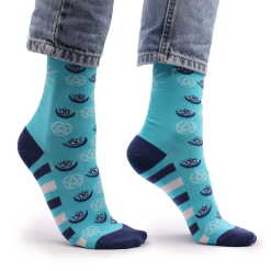 a pair of pentagram and evil eye hop hare bamboo socks being worn.