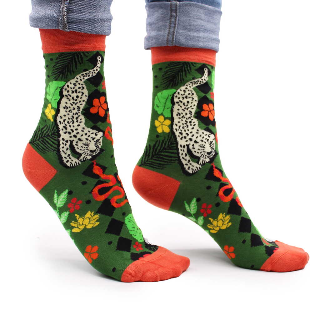 a pair of Bali Jungle hop hare bamboo socks being worn.