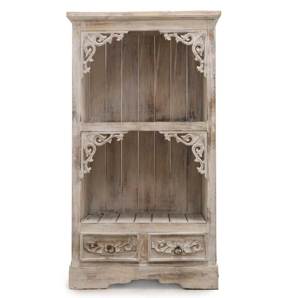 a whitewash albasia wood ornate bathroom cabinet