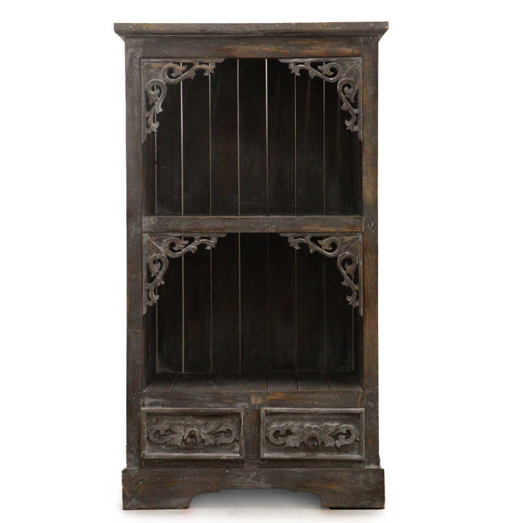 a greywash albasia wood ornate bathroom cabinet
