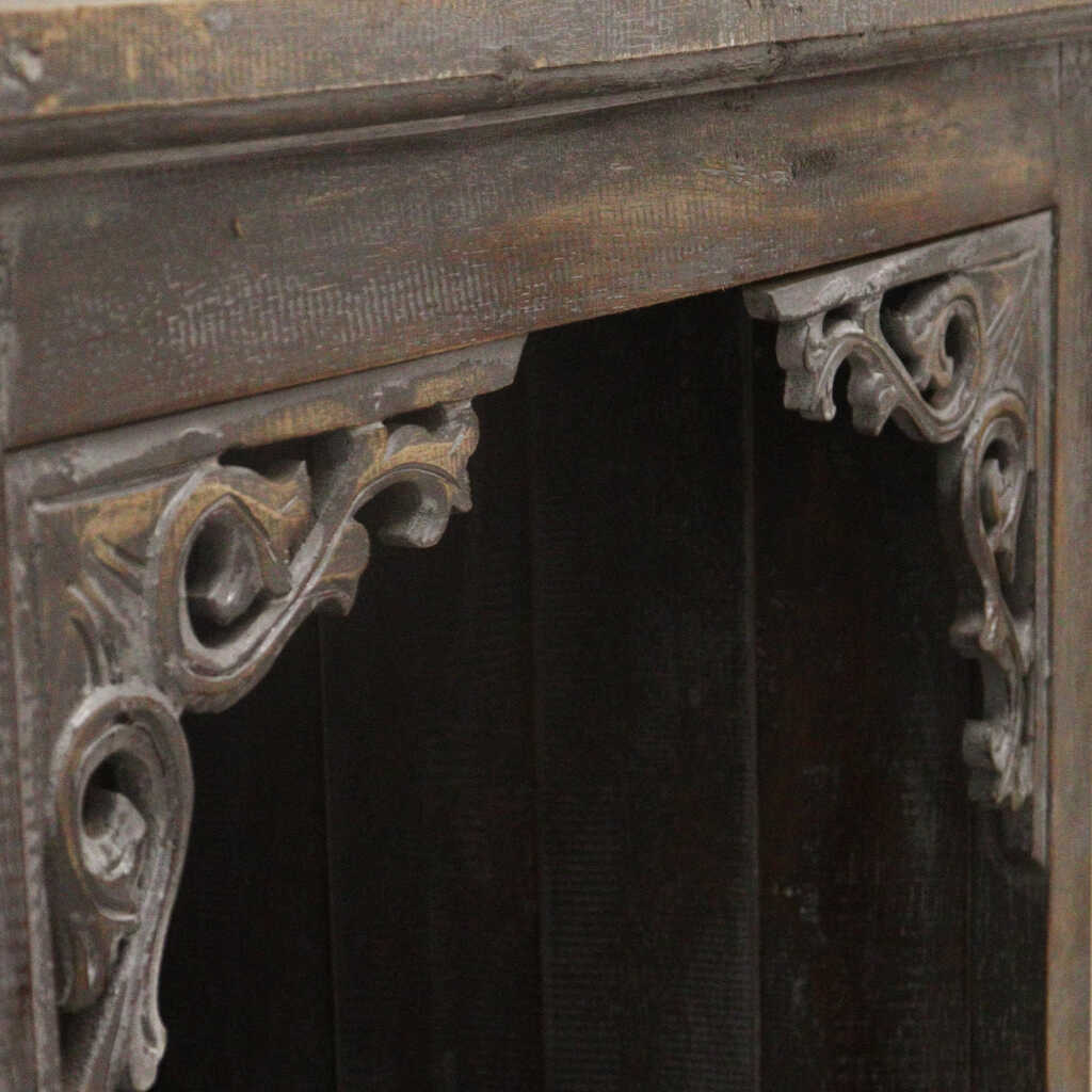a greywash albasia wood ornate bathroom cabinet two corners detail
