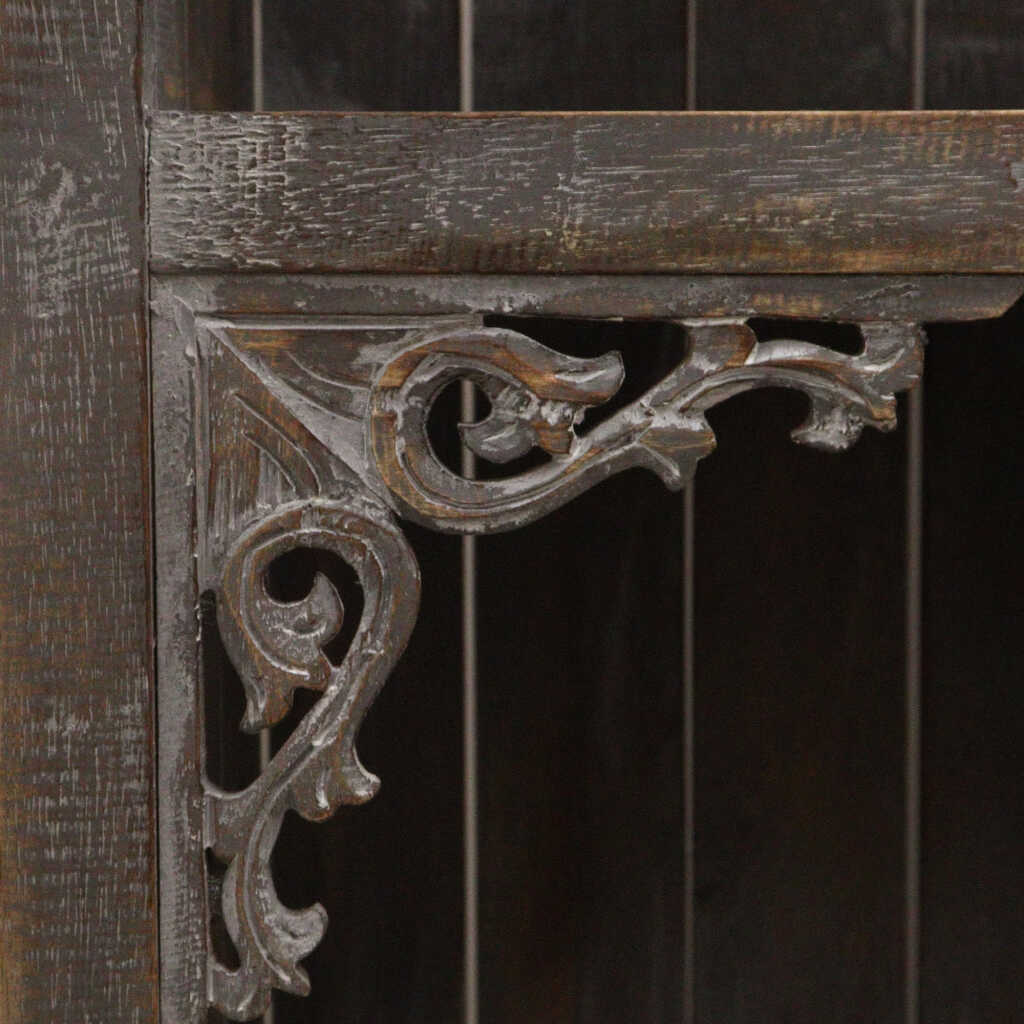 a greywash albasia wood ornate bathroom cabinet corner detail