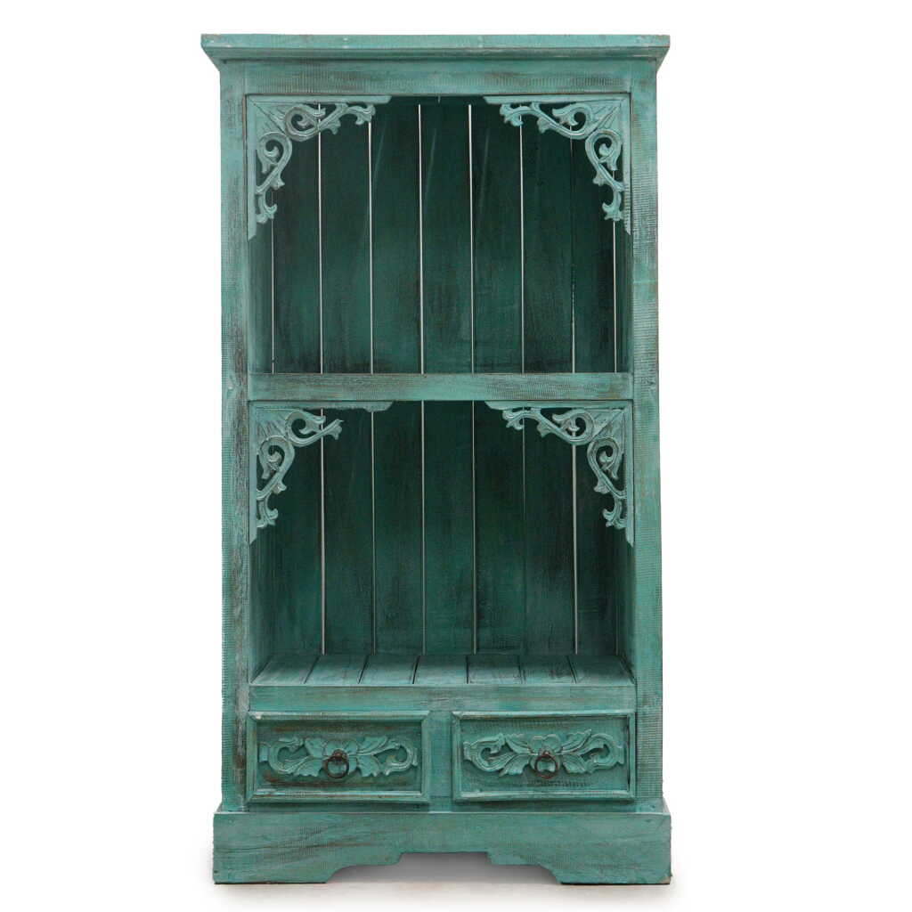 a turquoise wash albasia wood ornate bathroom cabinet