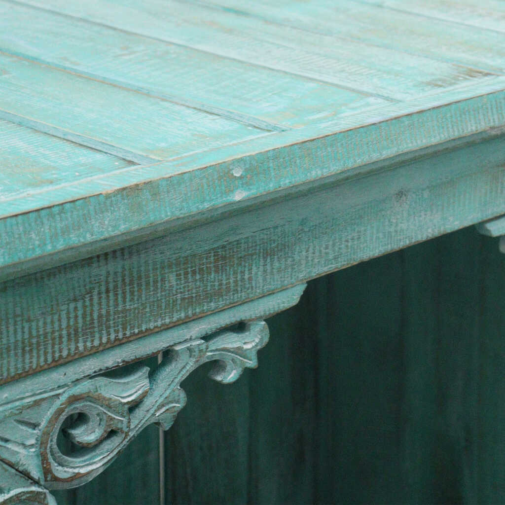 a turquoise wash albasia wood ornate bathroom cabinet - top and corner detail