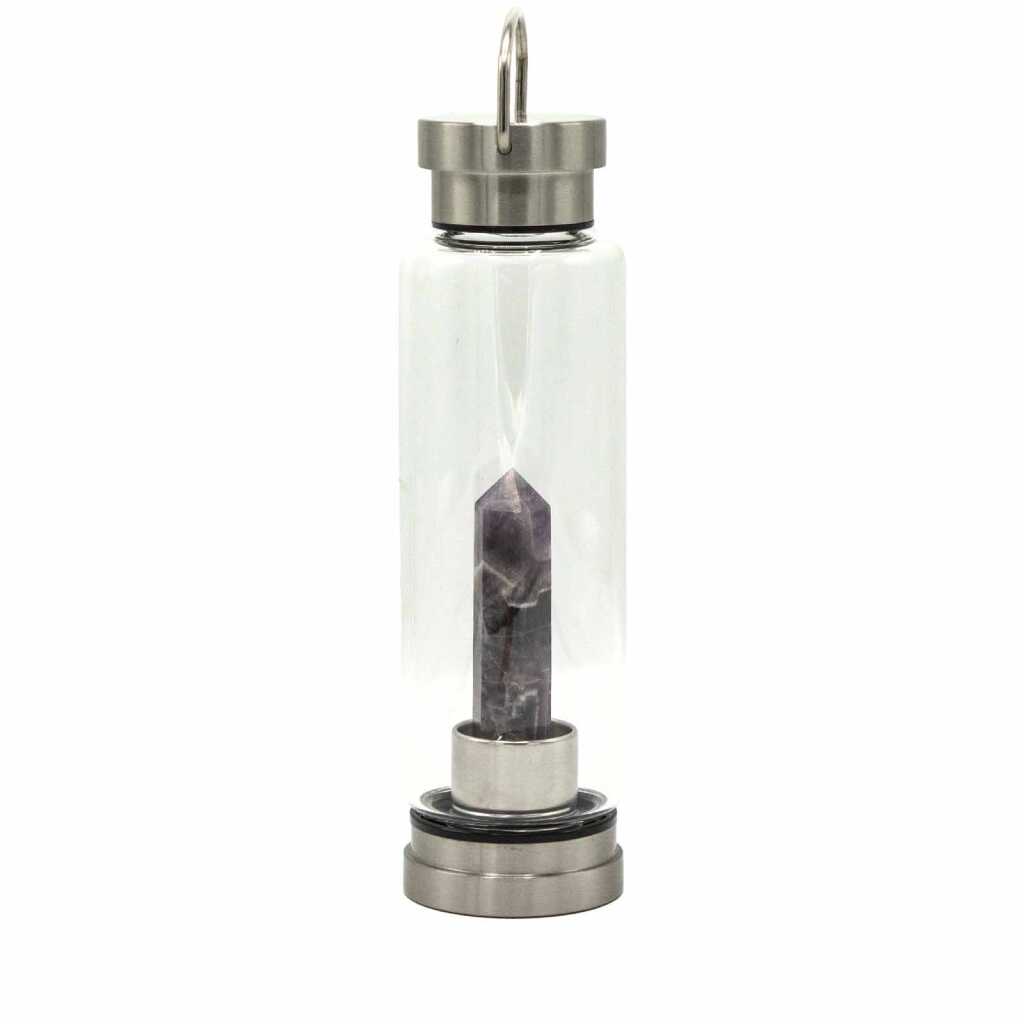 An amethyst obelisk, crystal infused water bottle