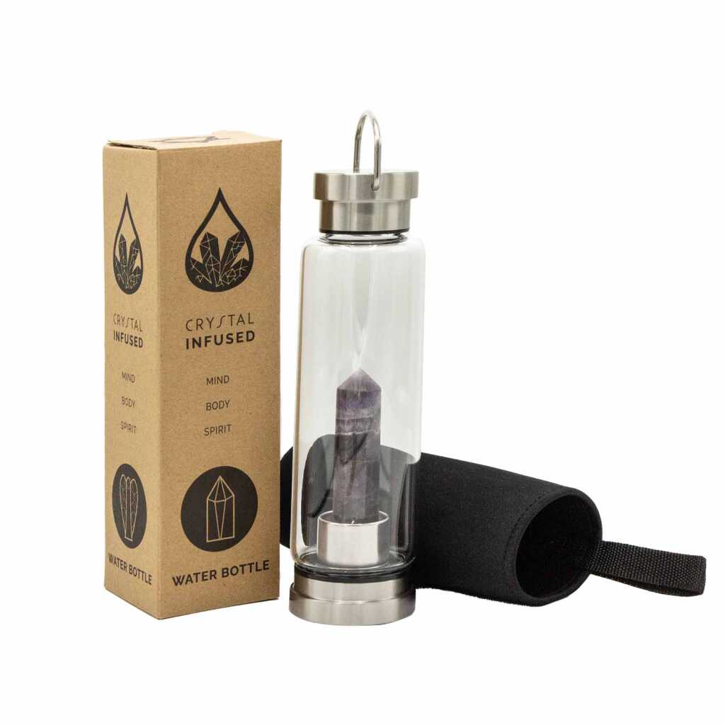 An amethyst obelisk, crystal infused water bottle