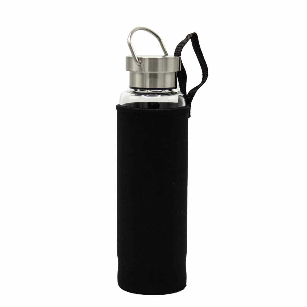 A neoprene cover around a glass water bottle.