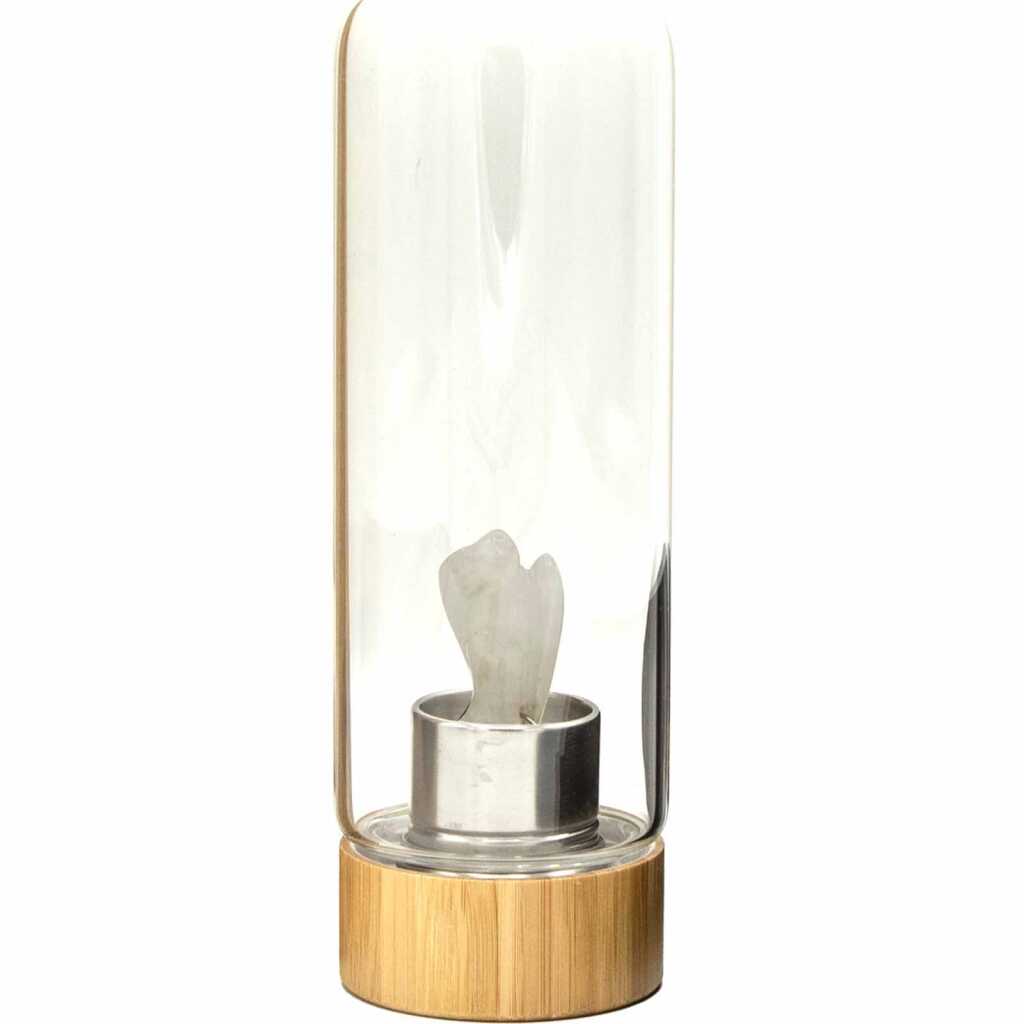 A clear quartz angel crystal infused water bottle