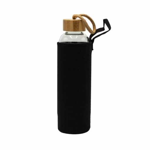 A neoprene cover around a glass water bottle.