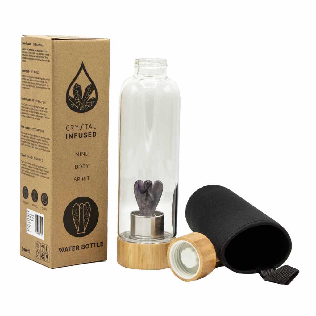 An amethyst angel crystal infused water bottle