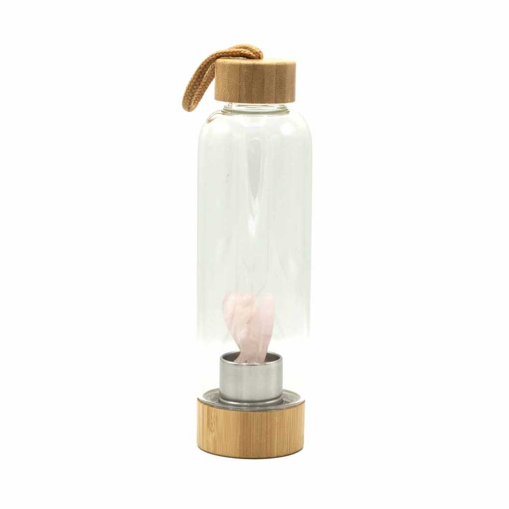 A rose quartz angel crystal infused water bottle