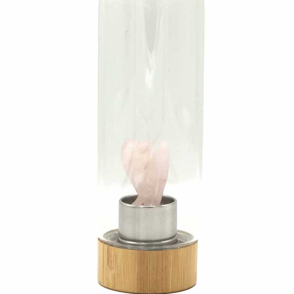 A rose quartz angel crystal infused water bottle
