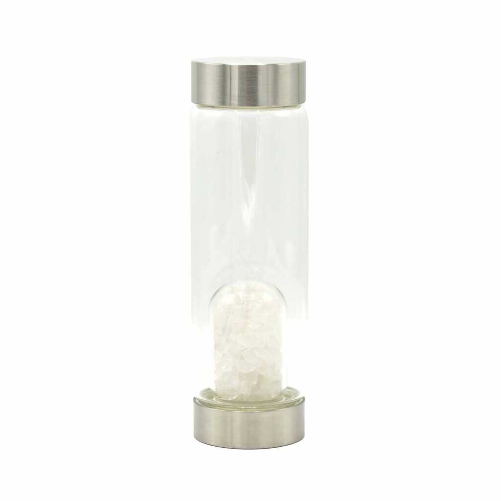 A clear quartz crystal infused water bottle