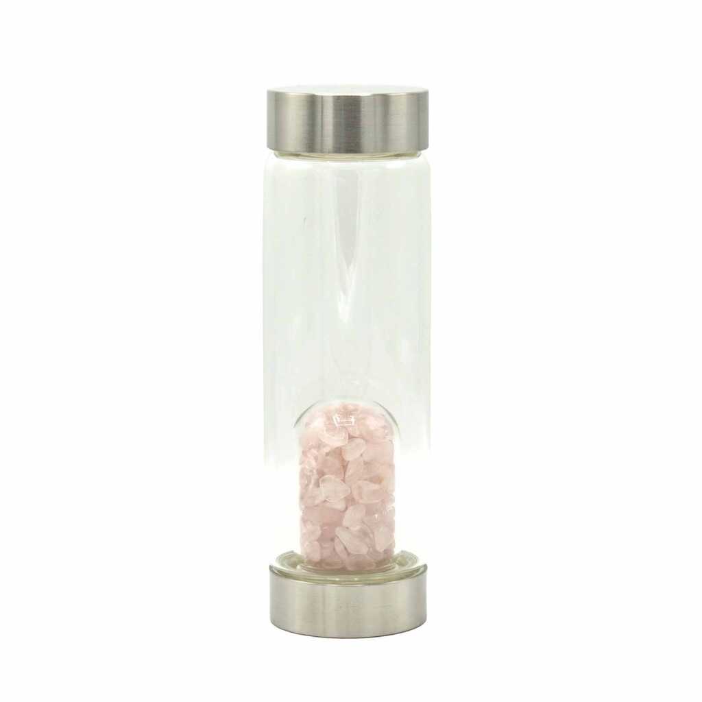An rose quartz crystal infused water bottle