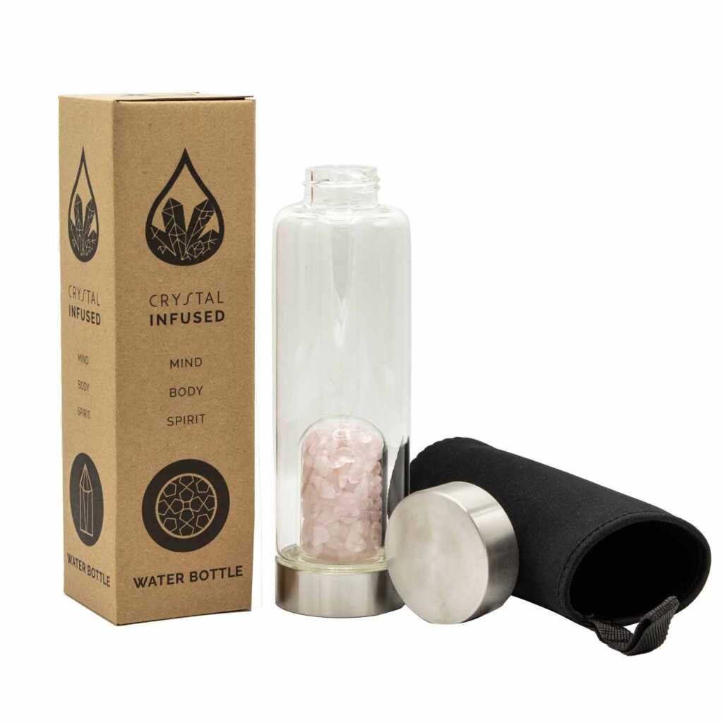 An rose quartz crystal infused water bottle