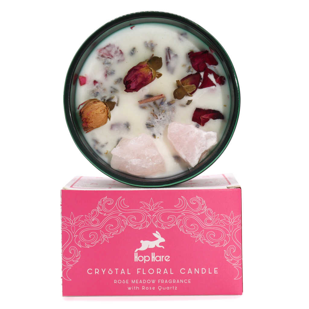Hop Hare candle with crystals, rose flowers and pink packaging