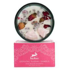 Hop Hare candle with crystals, rose flowers and pink packaging