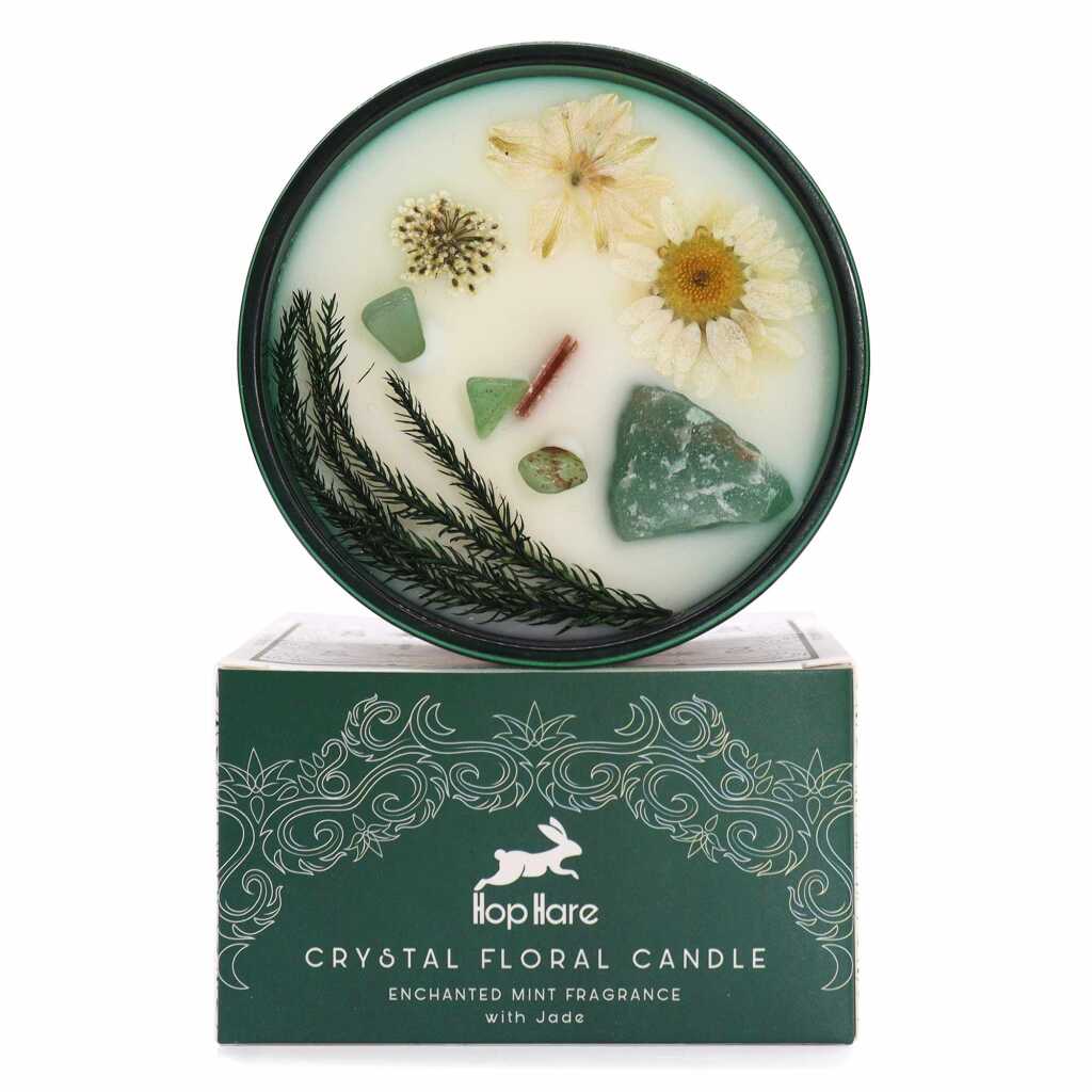 Hop Hare candle with crystals, rose flowers and green packaging