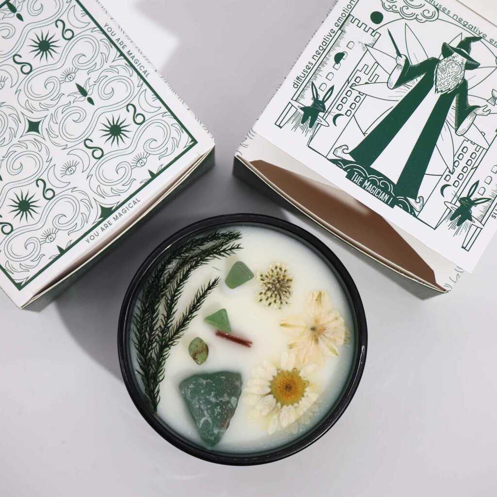 Hop Hare candle with crystals, rose flowers and green packaging