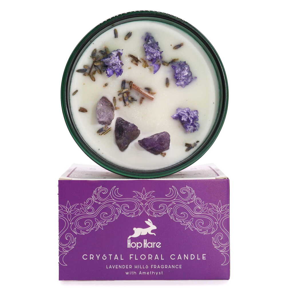 Hop Hare candle with crystals, dry flowers and purple packaging