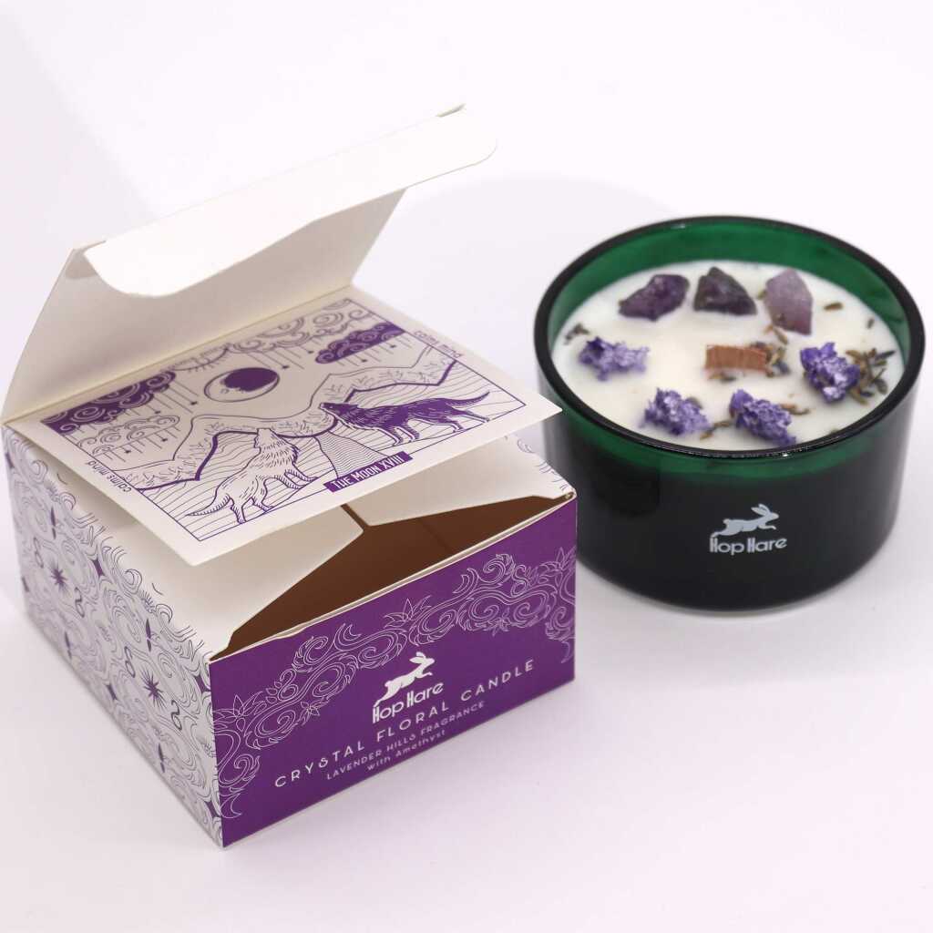 Hop Hare candle with crystals, dry flowers and purple packaging