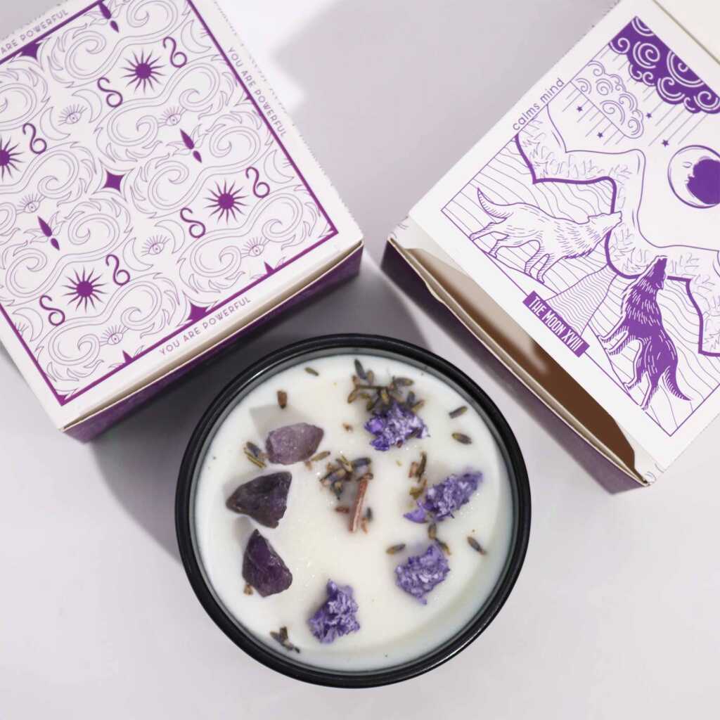 Hop Hare candle with crystals, dry flowers and purple packaging