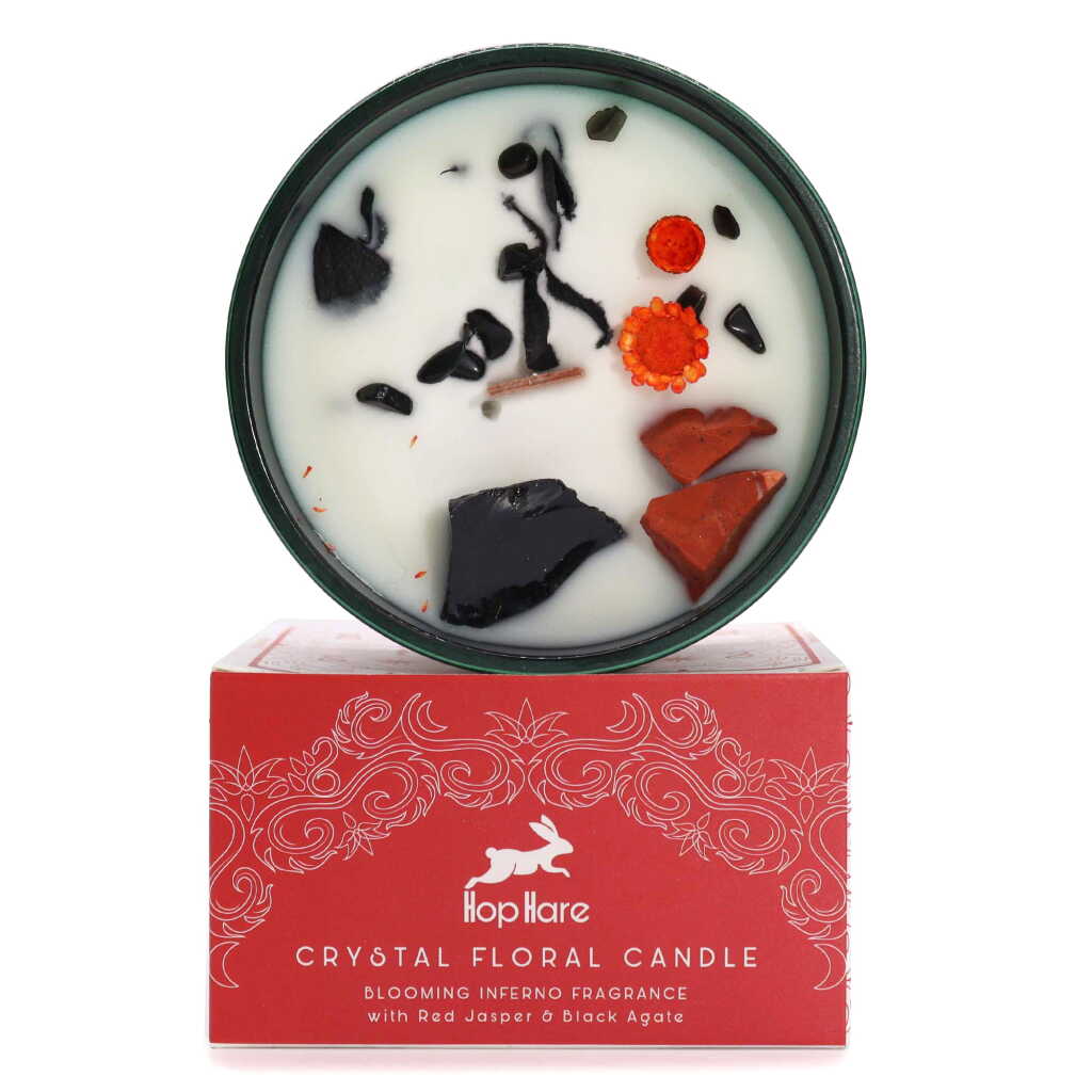 Hop Hare candle with crystals, dry flowers and red packaging