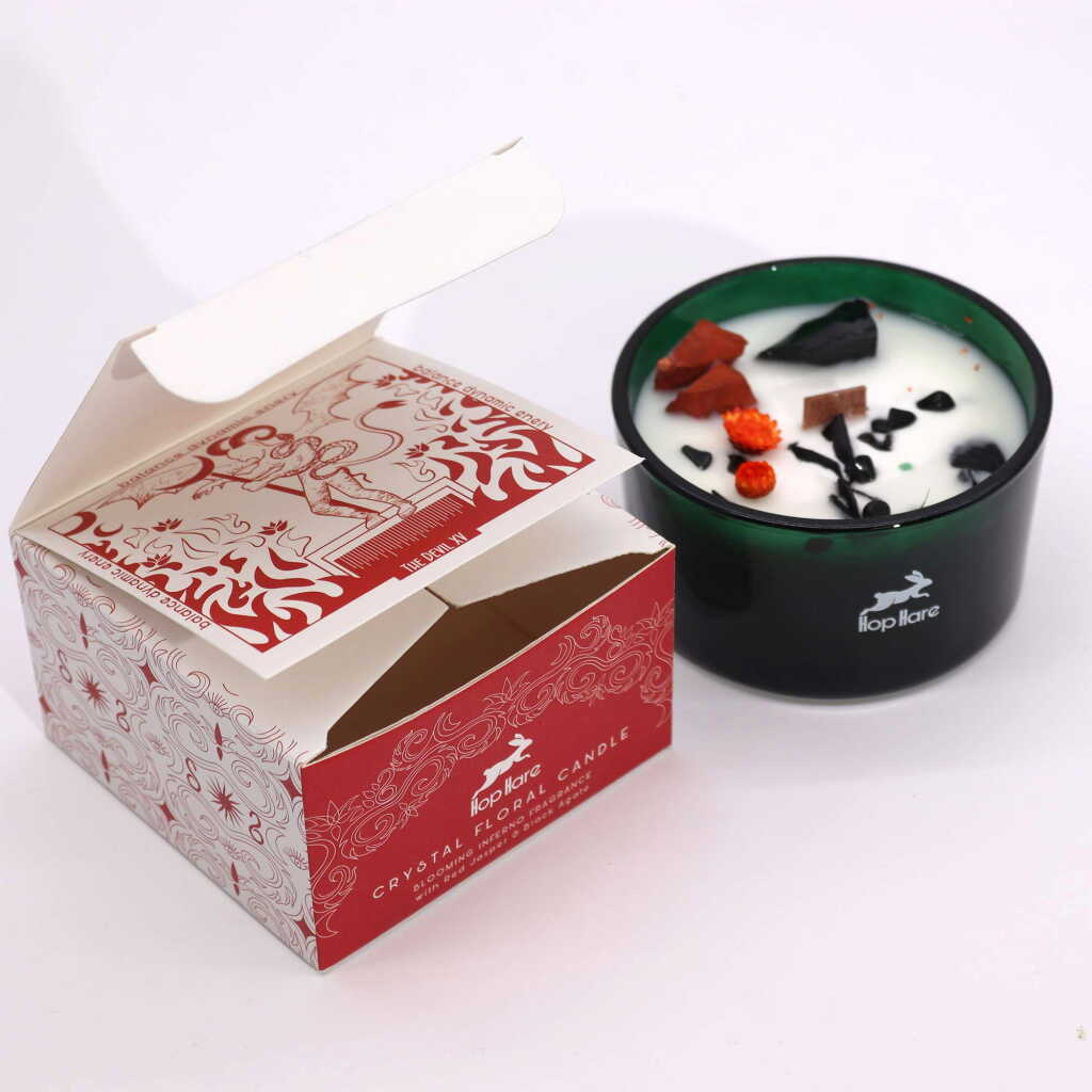 Hop Hare candle with crystals, dry flowers and red packaging