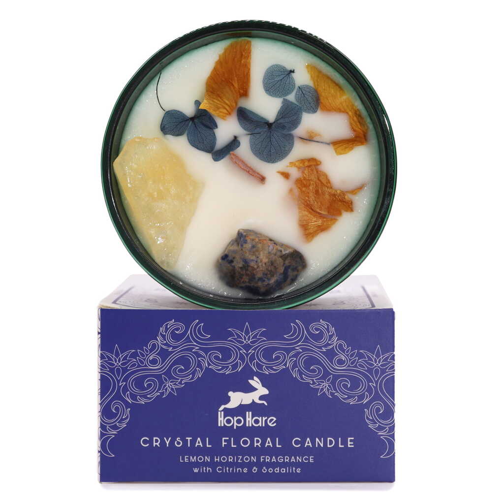 Hop Hare candle with crystals, dry flowers and blue packaging