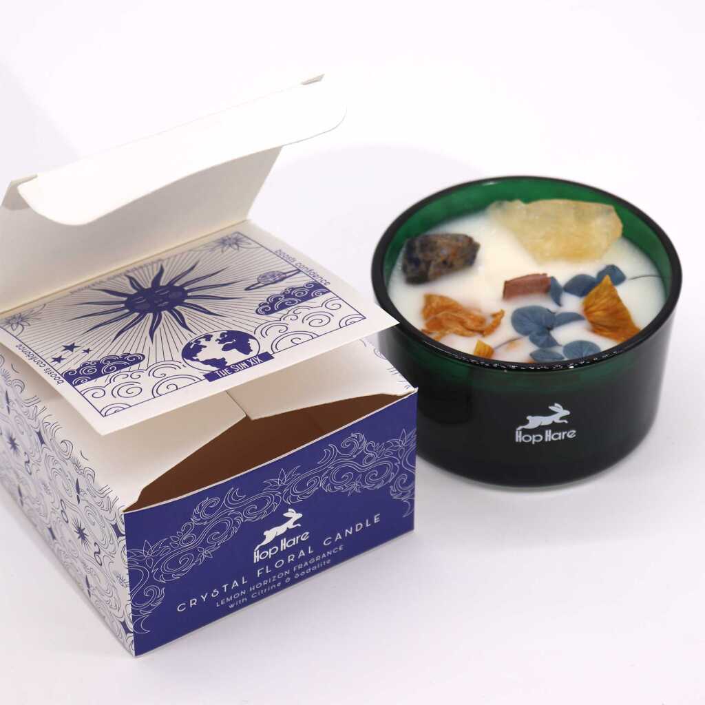 Hop Hare candle with crystals, dry flowers and blue packaging