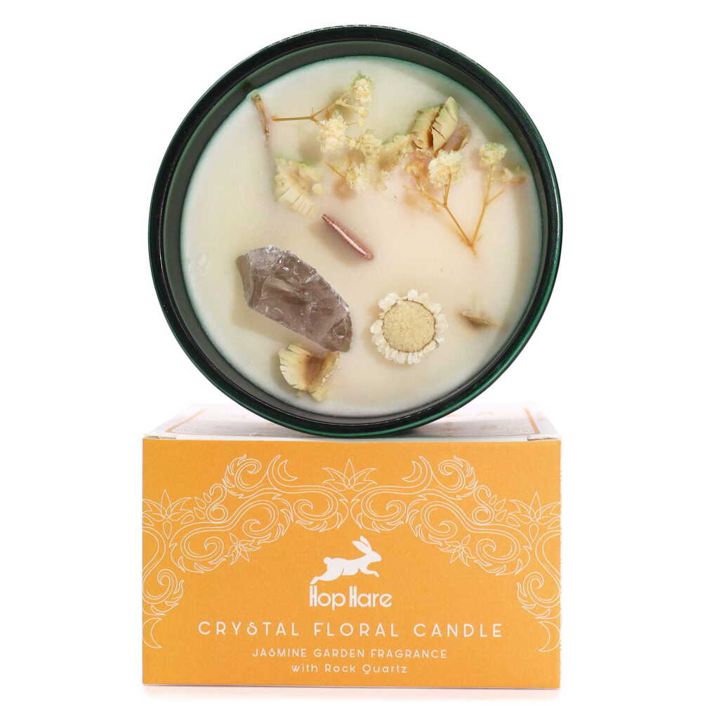 Hop Hare candle with crystals, dry flowers and yellow packaging