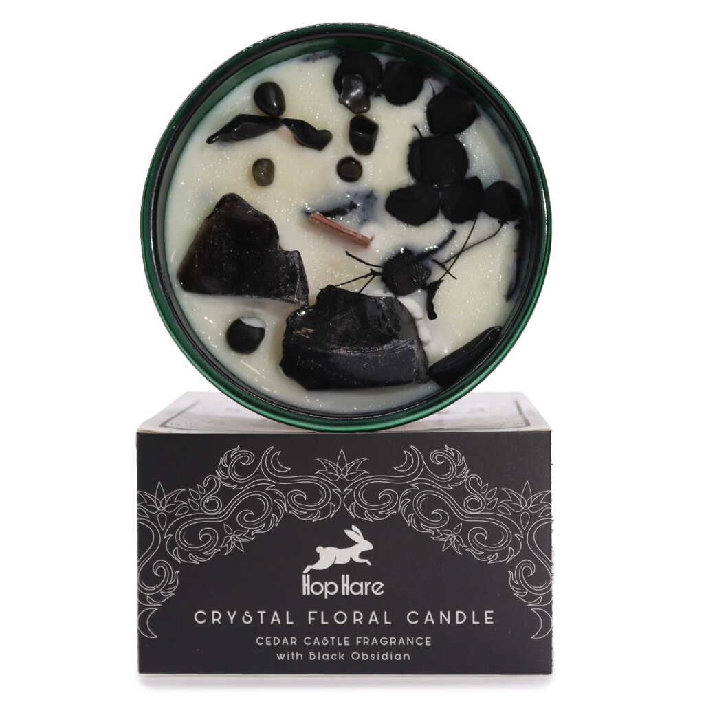 Hop Hare candle with crystals, dry flowers and black packaging