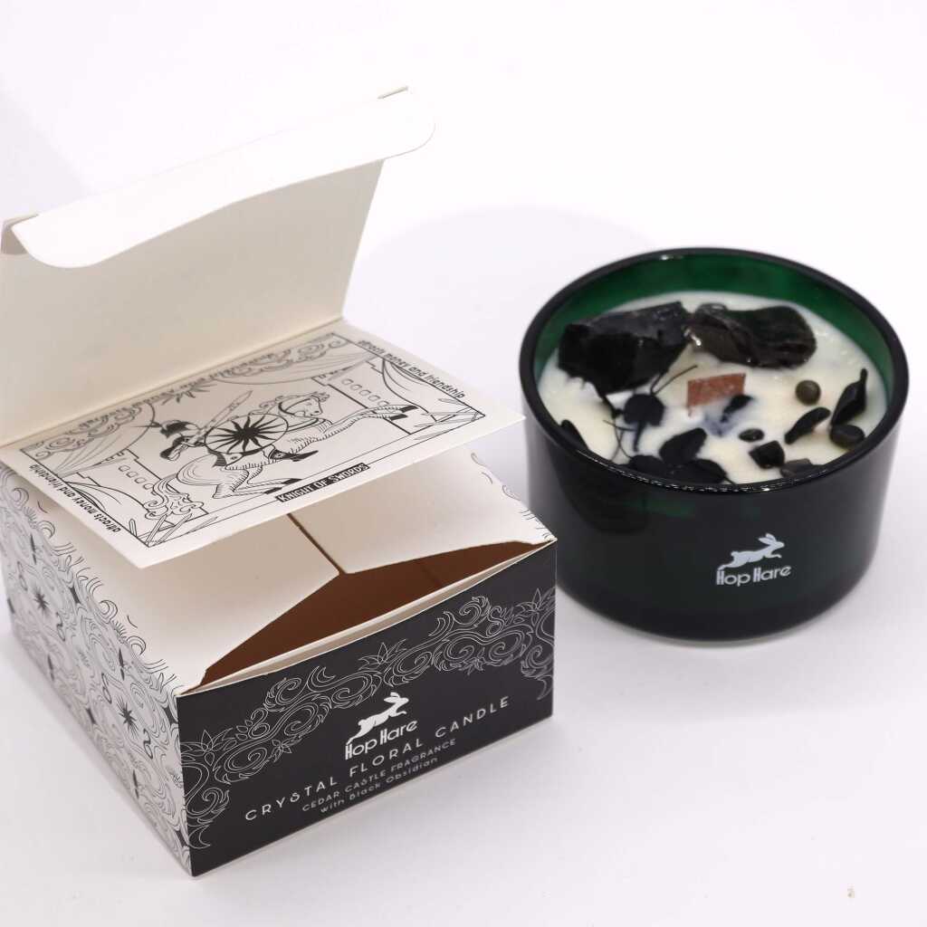 Hop Hare candle with crystals, dry flowers and black packaging