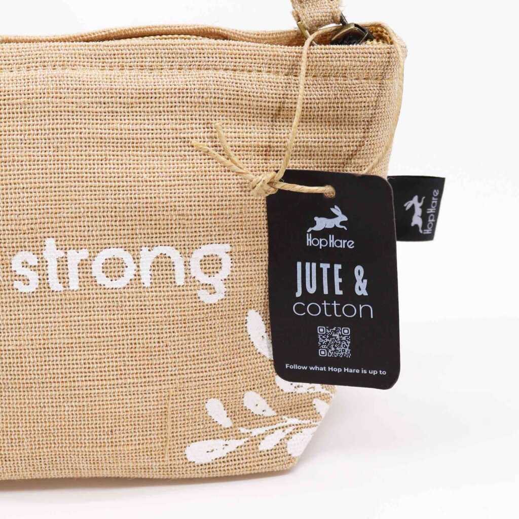 jute and cotton pouch showing tag