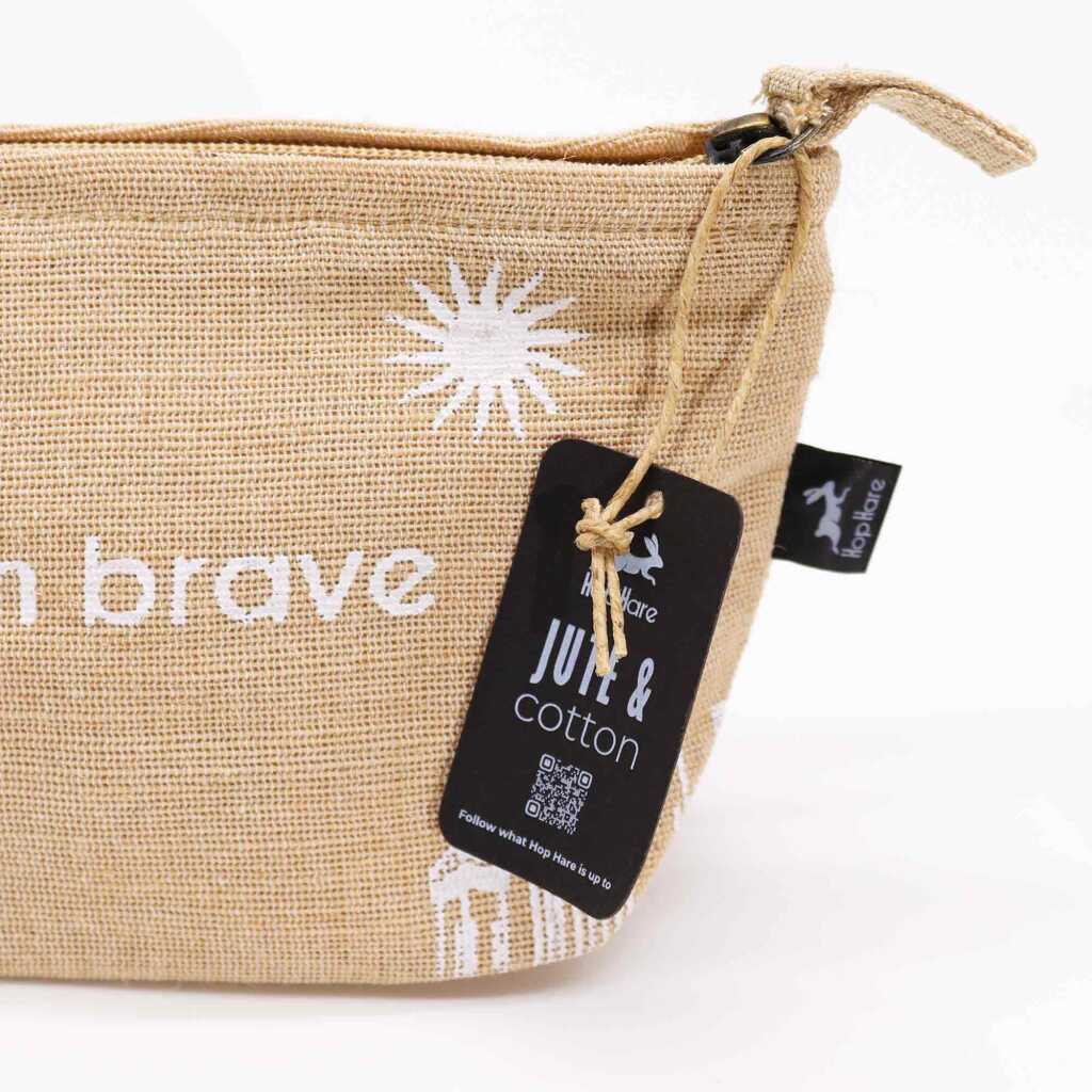 jute and cotton pouch showing tag