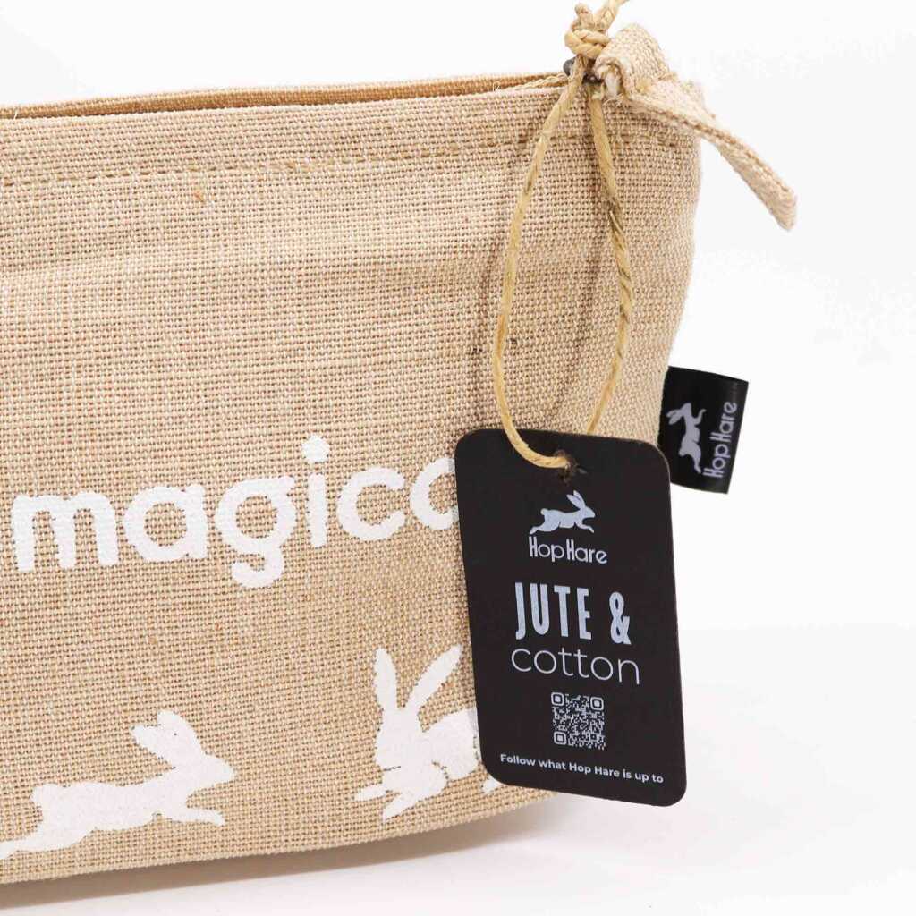 jute and cotton pouch showing tag