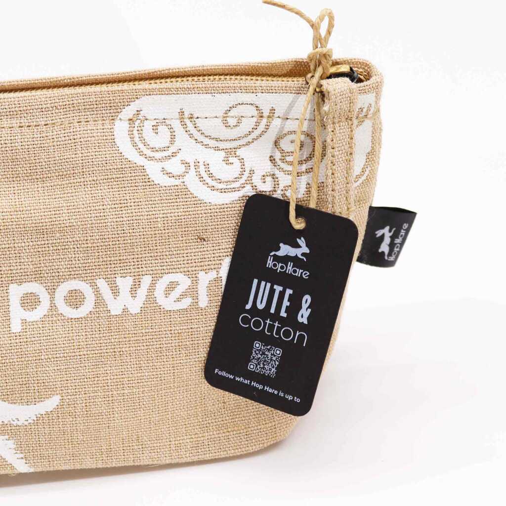 jute and cotton pouch showing tag